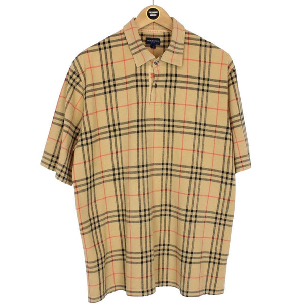 Vintage Burberry Golf Tan Brown Nova Check Short Sleeve Cotton Polo Shirt