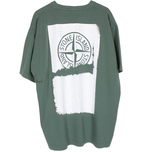 Stone Island SS 2024 Green and White Scratched Paint Logo Short Sleeve Cotton T-Shirt