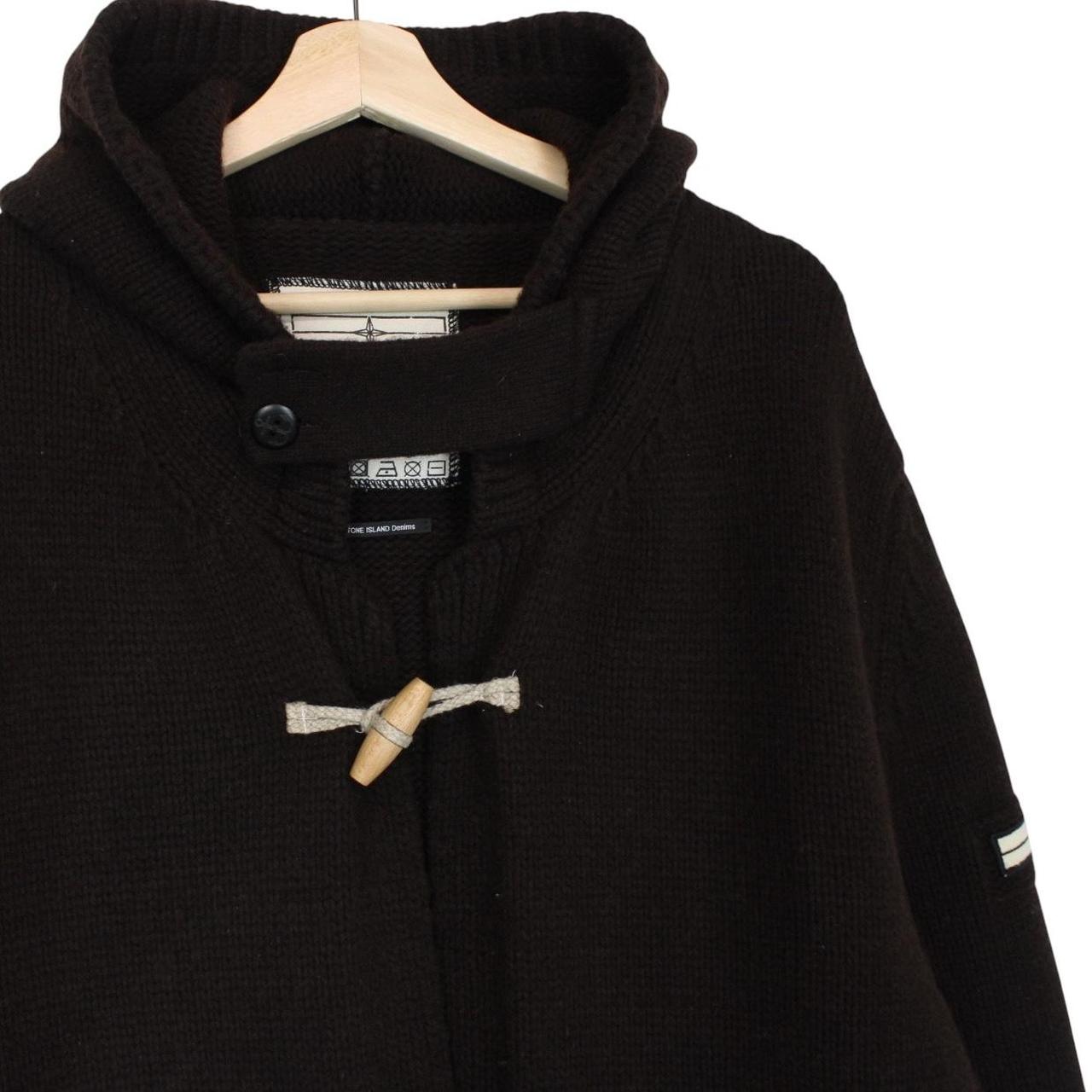 Stone Island brown knit duffle coat with logo patch and wool blend material.
