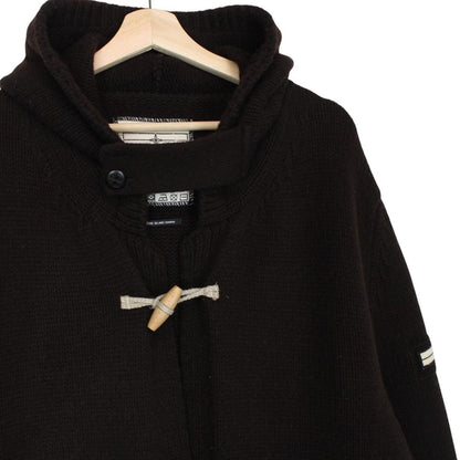 Stone Island brown knit duffle coat with logo patch and wool blend material.