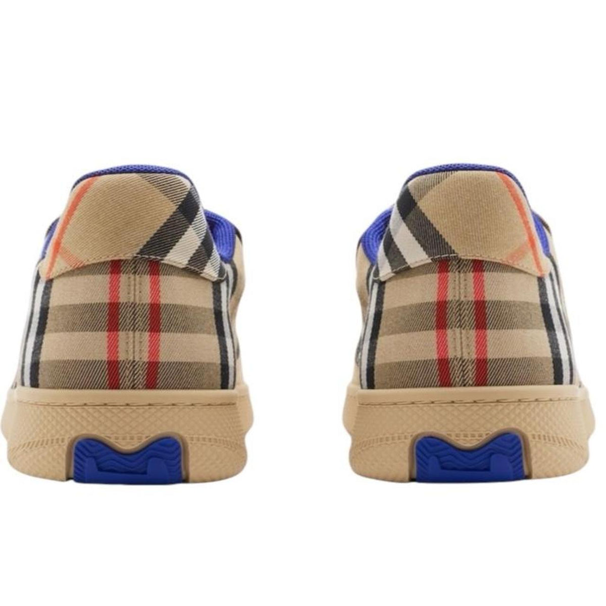 Burberry tan brown check trainers with logo detail and original box.