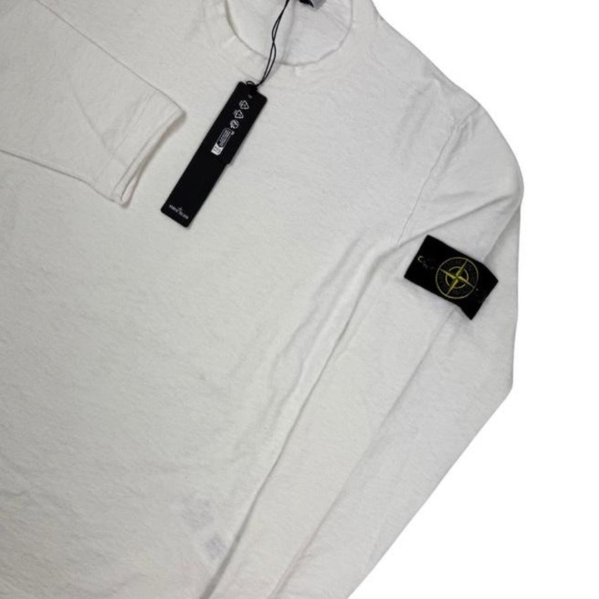 Stone Island white organic cotton knit sweatshirt with logo patch on sleeve.