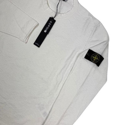 Stone Island white organic cotton knit sweatshirt with logo patch on sleeve.