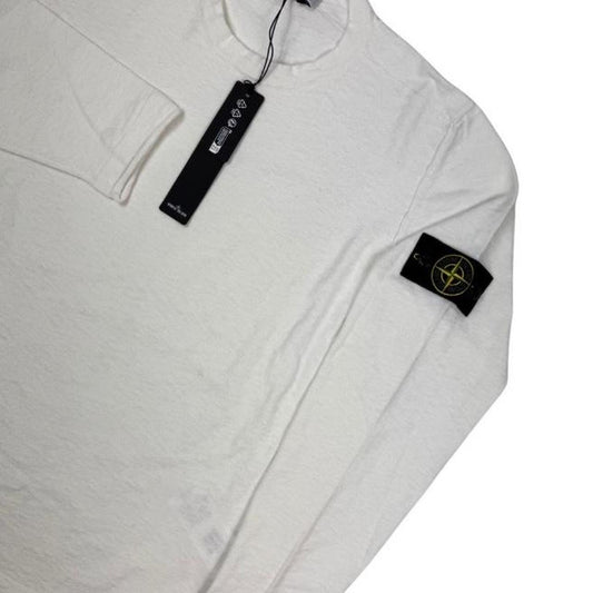 Stone Island white organic cotton knit sweatshirt with logo patch on sleeve.