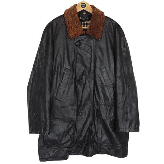 Vintage 90s Burberry Black Wool Nova Check Lined Leather Coat