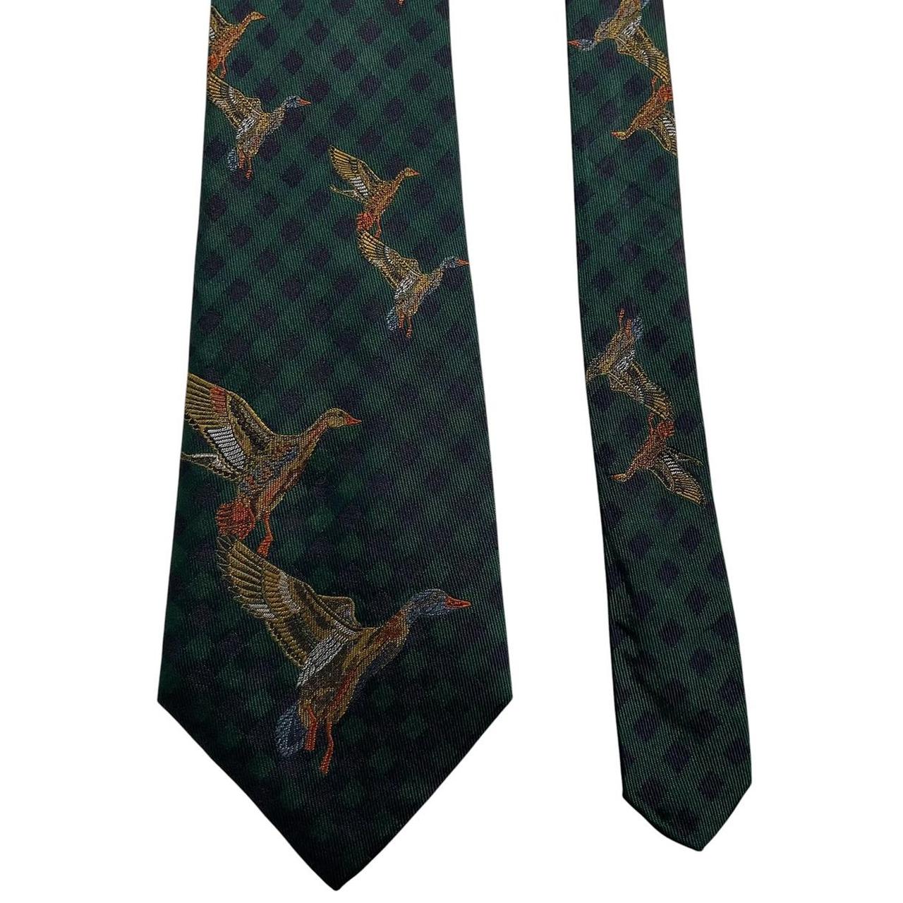 Polo Ralph Lauren green silk tie with embroidered duck pattern and logo.