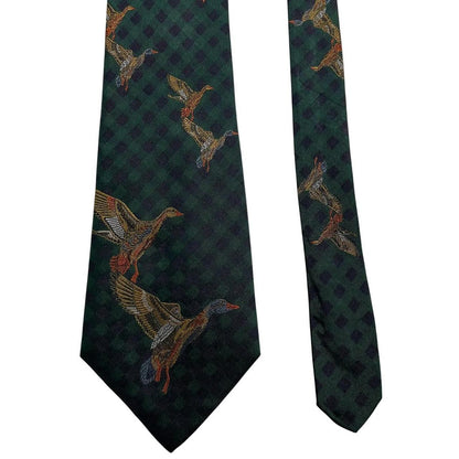 Polo Ralph Lauren green silk tie with embroidered duck pattern and logo.