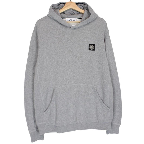 Stone Island grey cotton hoodie with iconic compass logo and drawstring hood.