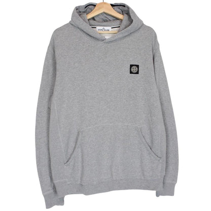 Stone Island grey cotton hoodie with iconic compass logo and drawstring hood.