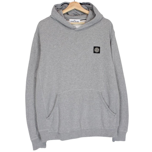 Stone Island grey cotton hoodie with iconic compass logo and drawstring hood.
