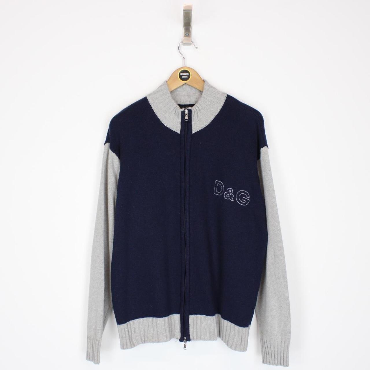 Dolce and Gabbana Navy Blue and Grey Full Zip Cotton Knit Jumper
