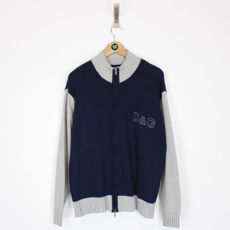 Dolce and Gabbana Navy Blue and Grey Full Zip Cotton Knit Jumper
