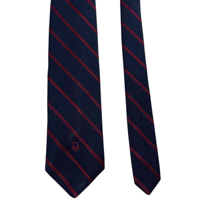 Christian Dior navy blue and red striped tie, silk/polyester blend, vintage design.