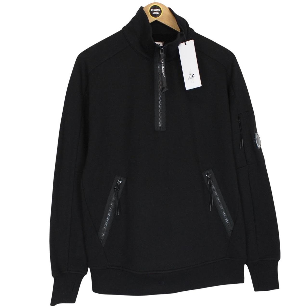 CP Company Black Diagonal Raised Fleece Cotton 1/4 Zip Lens Sweatshirt