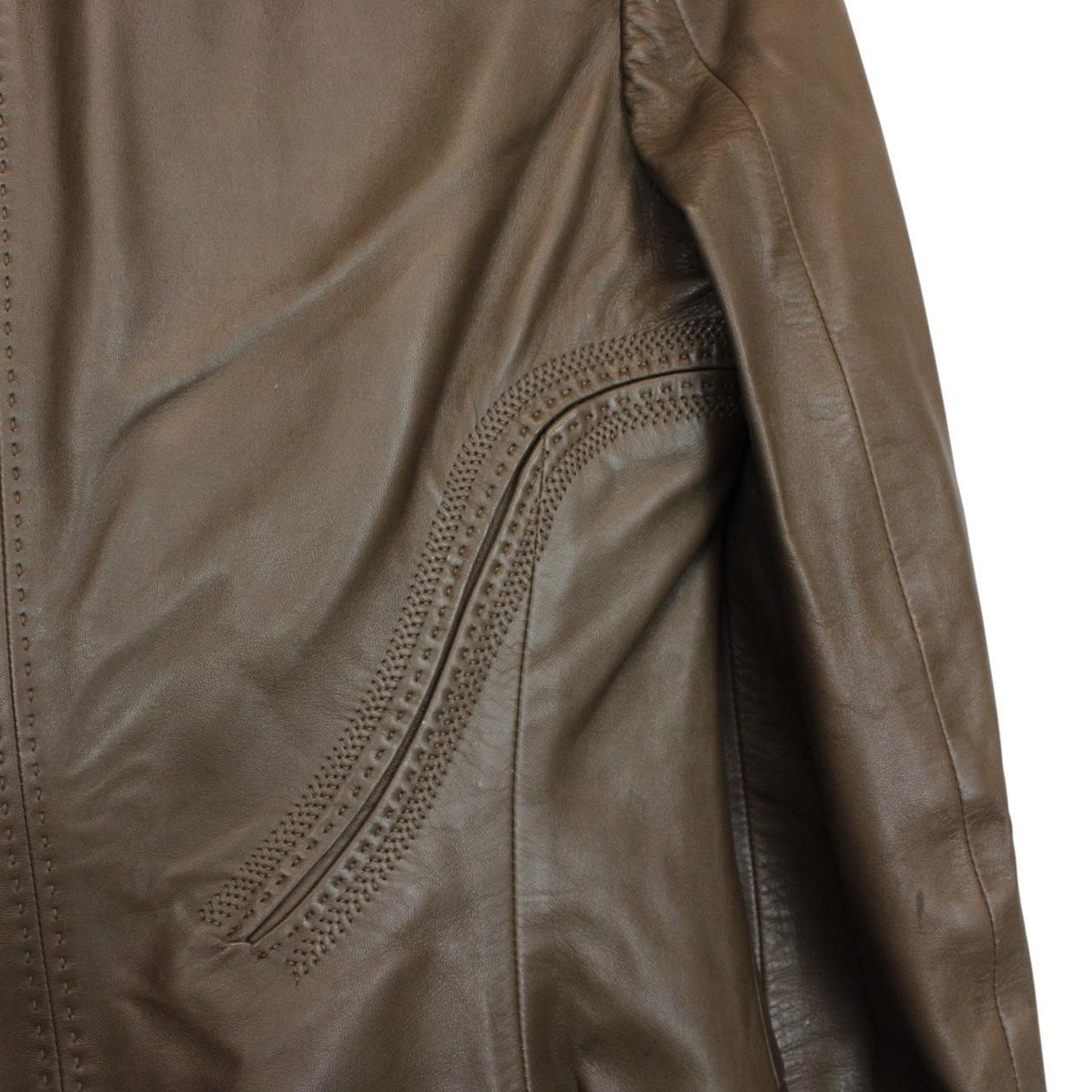 Gucci brown leather blazer jacket with logo detailing and classic tailored fit.