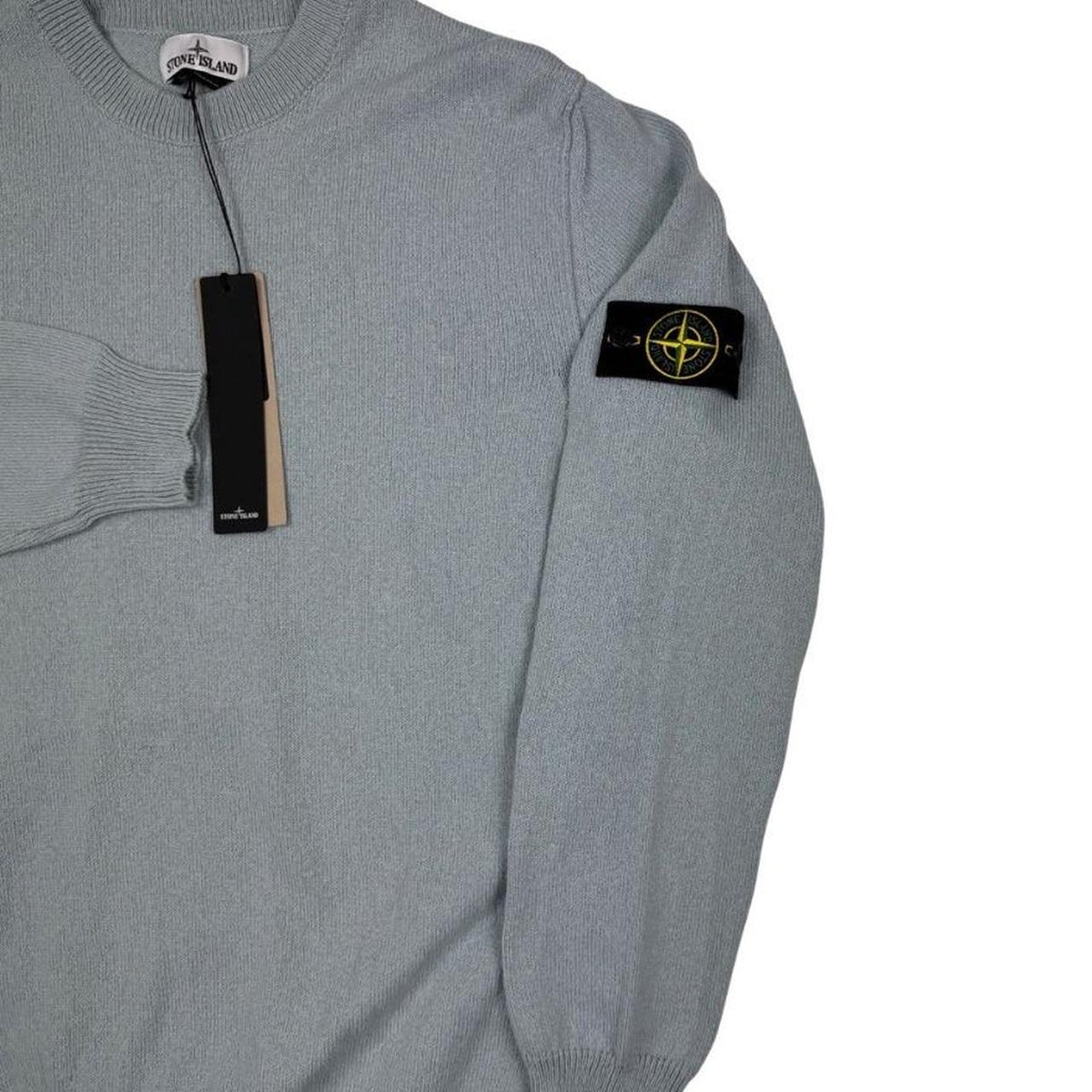 Stone Island grey knit jumper made from organic cotton with logo patch.