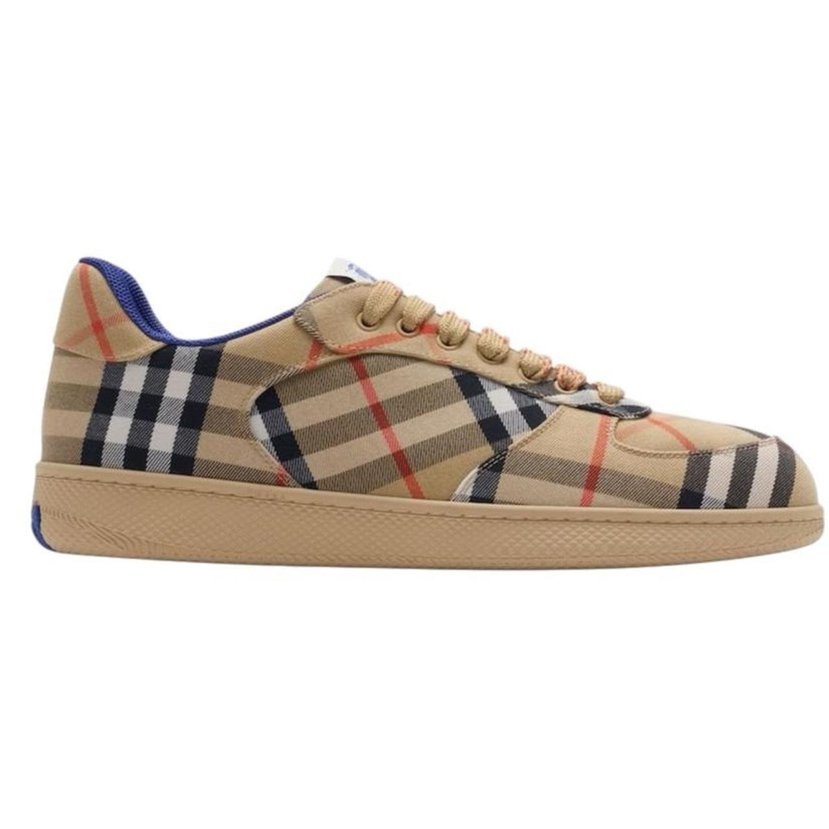 Burberry tan brown check trainers with logo detail and original box.