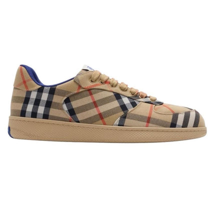 Burberry tan brown check trainers with logo detail and original box.