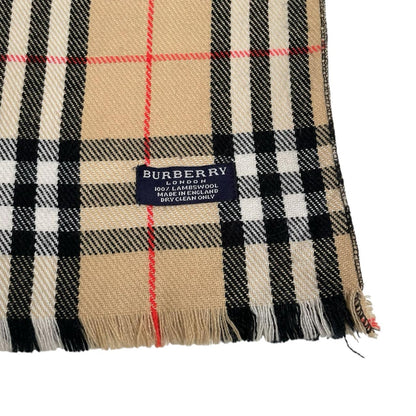 Burberry tan brown lambswool scarf featuring classic Nova Check pattern.