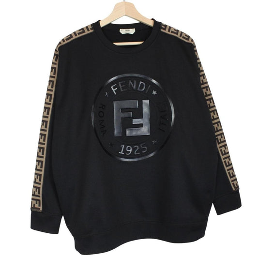 Fendi black sweatshirt featuring Zucca monogram pattern and logo print.