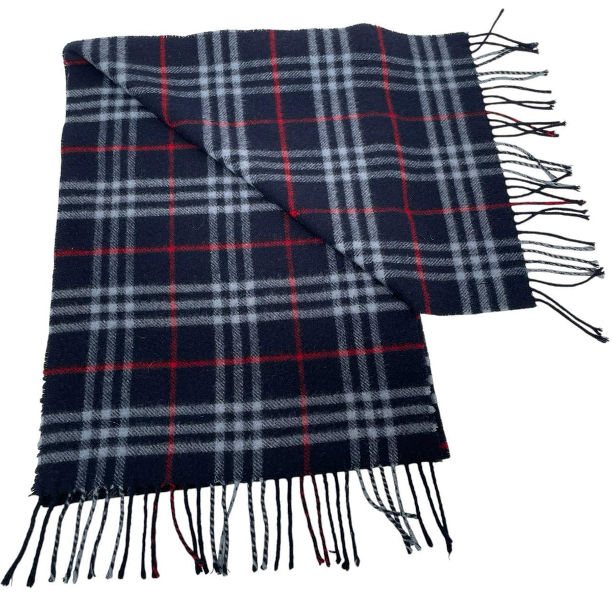 Burberry navy blue lambswool scarf with iconic Nova Check pattern.