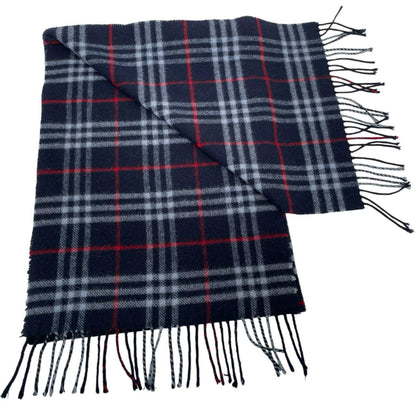 Burberry navy blue lambswool scarf with iconic Nova Check pattern.