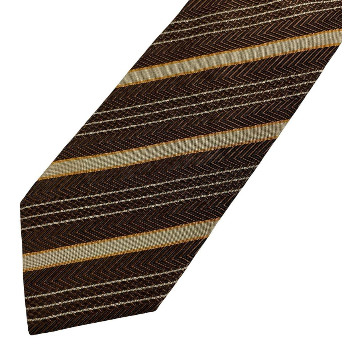Hugo Boss striped silk tie in brown and beige with cream accents.