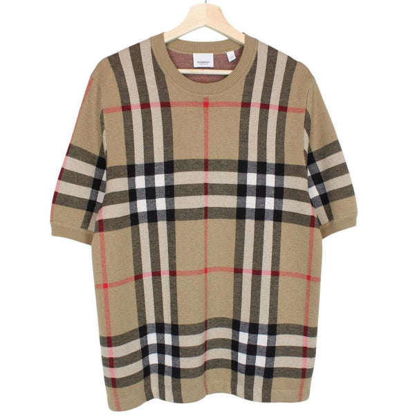 Burberry Wells Tan Brown Nova Check Silk/Wool Knit Short Sleeve T-Shirt