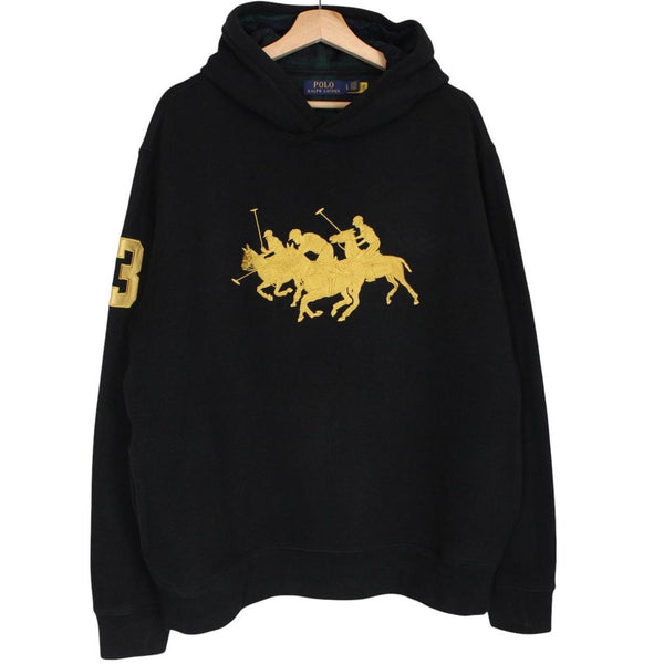 Polo Ralph Lauren black hoodie with gold embroidered Polo Match logo and drawstring.