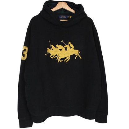 Polo Ralph Lauren black hoodie with gold embroidered Polo Match logo and drawstring.