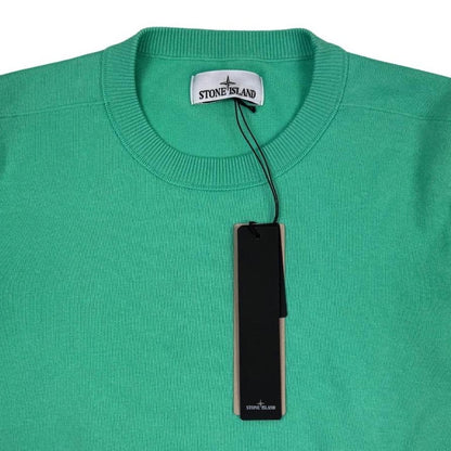 Stone Island green knit jumper made from organic cotton with logo patch detail.