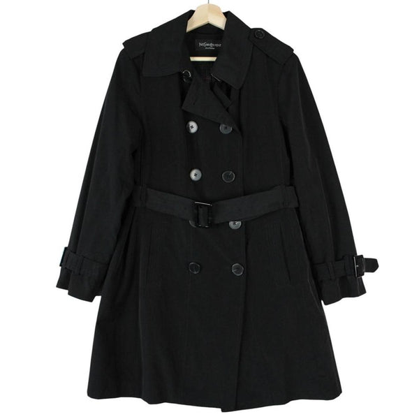 Yves Saint Laurent black double breasted belted trench coat with vintage 90s design.