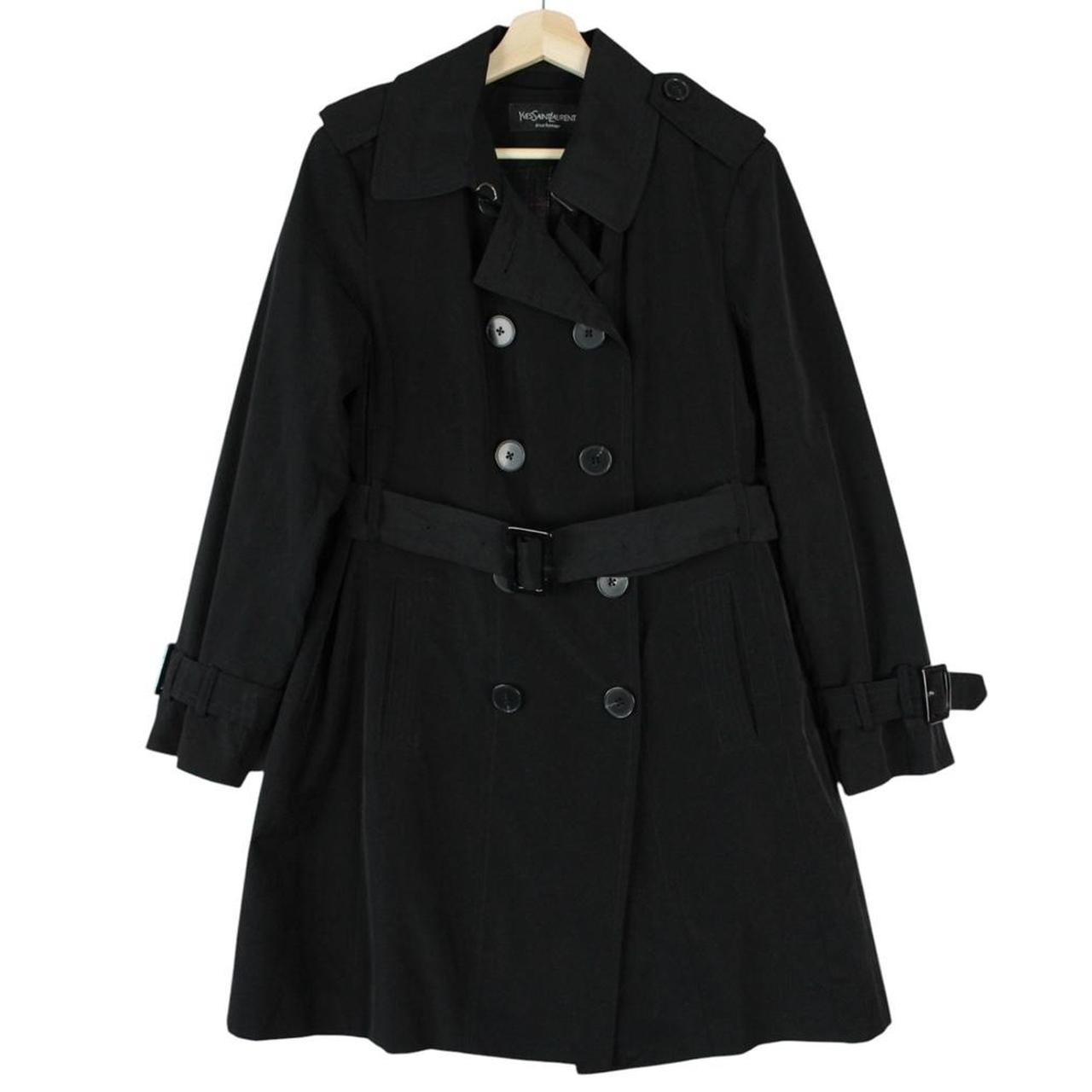 Yves Saint Laurent black double breasted belted trench coat with vintage 90s design.