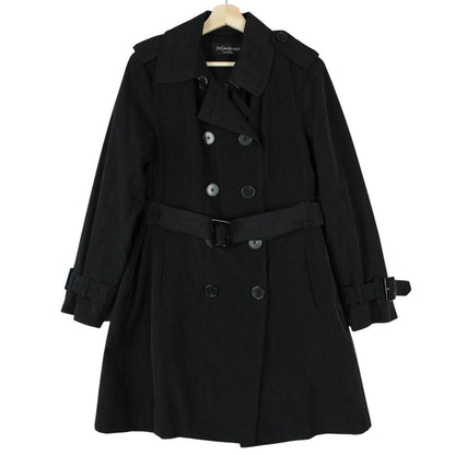 Yves Saint Laurent black double breasted belted trench coat with vintage 90s design.