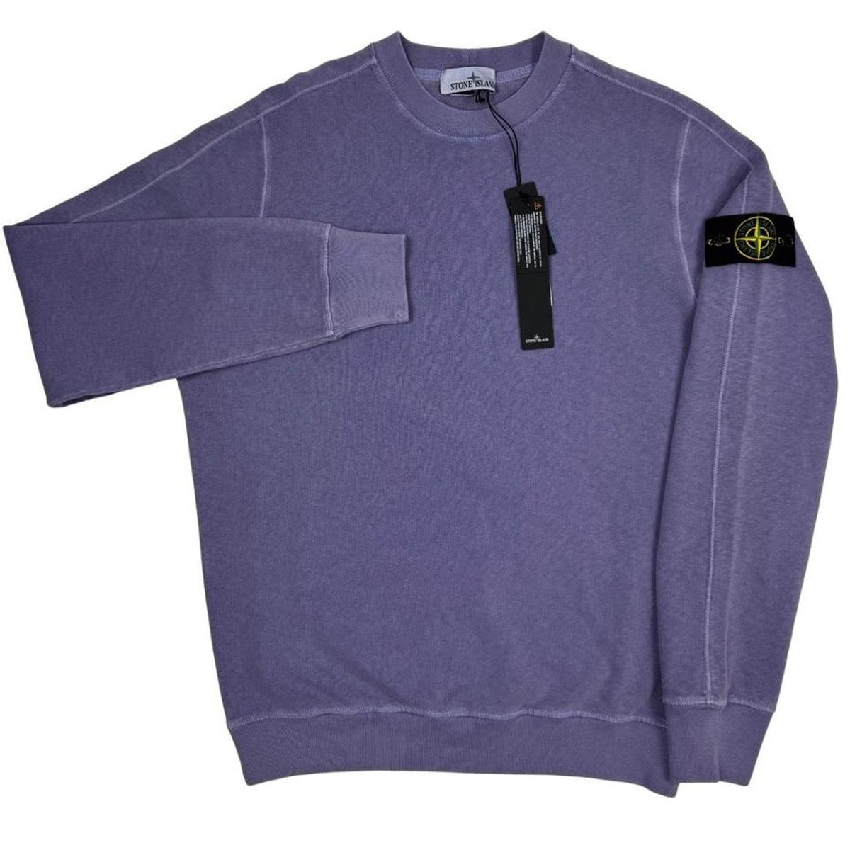Stone Island purple cotton sweatshirt with logo patch and garment dyed finish.