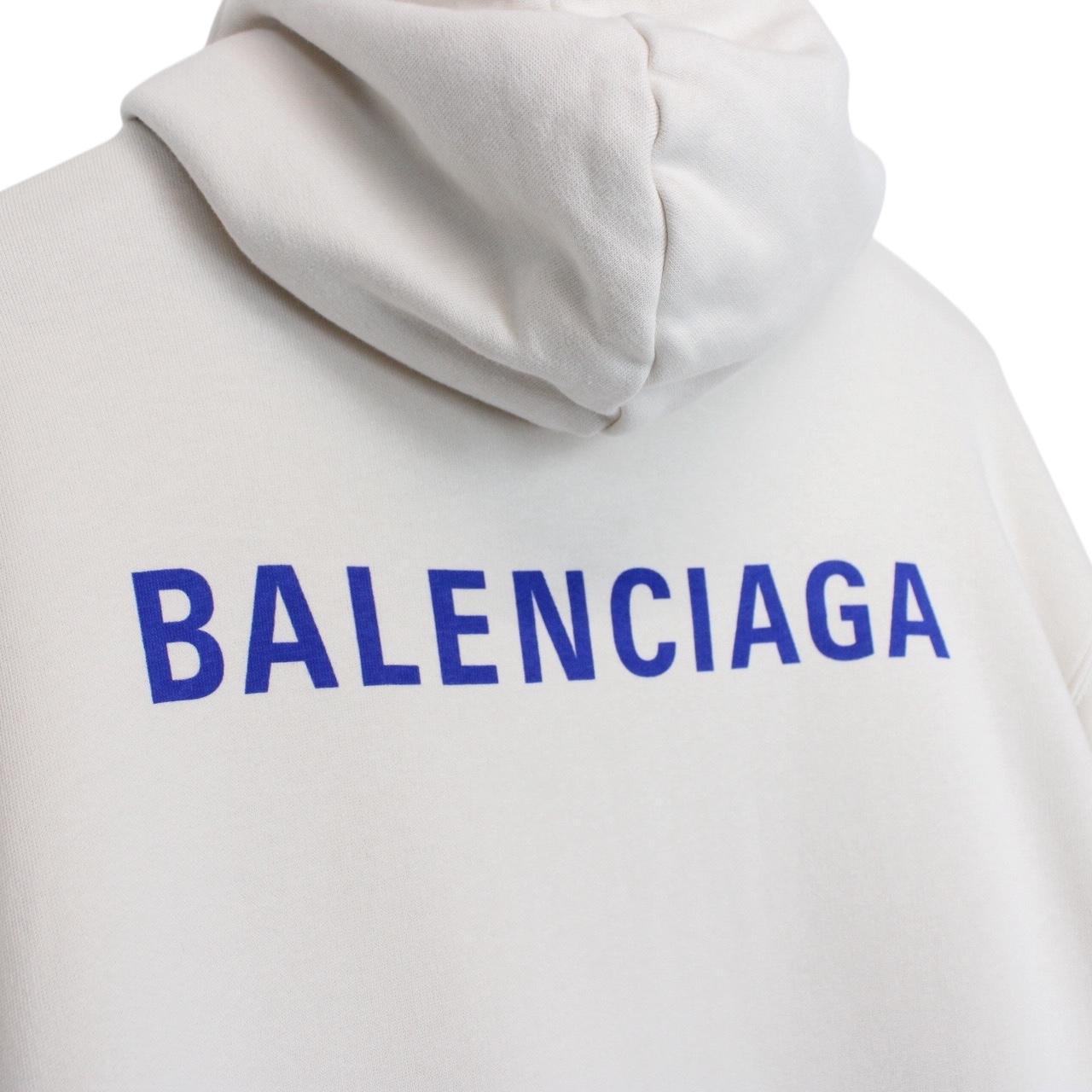 Balenciaga Cream and Blue Logo Print Cotton Hoodie Jumper