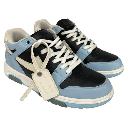 Off-White low top trainers in light blue and black with leather material and logo detail.