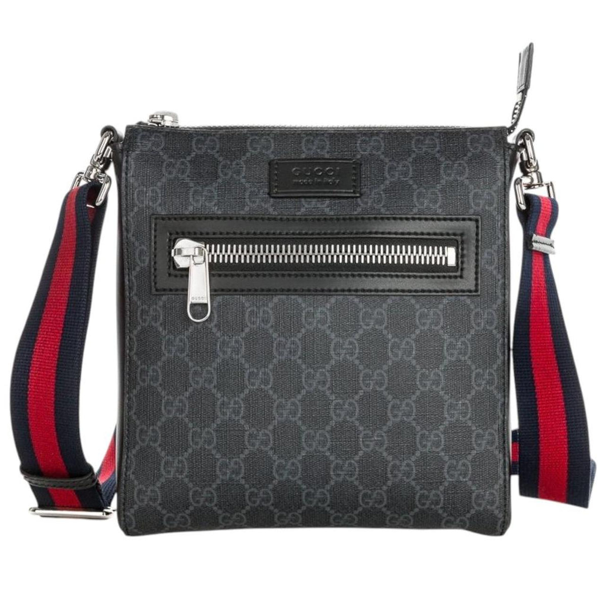 Gucci black duffel bag featuring GG Supreme monogram pattern and adjustable strap.