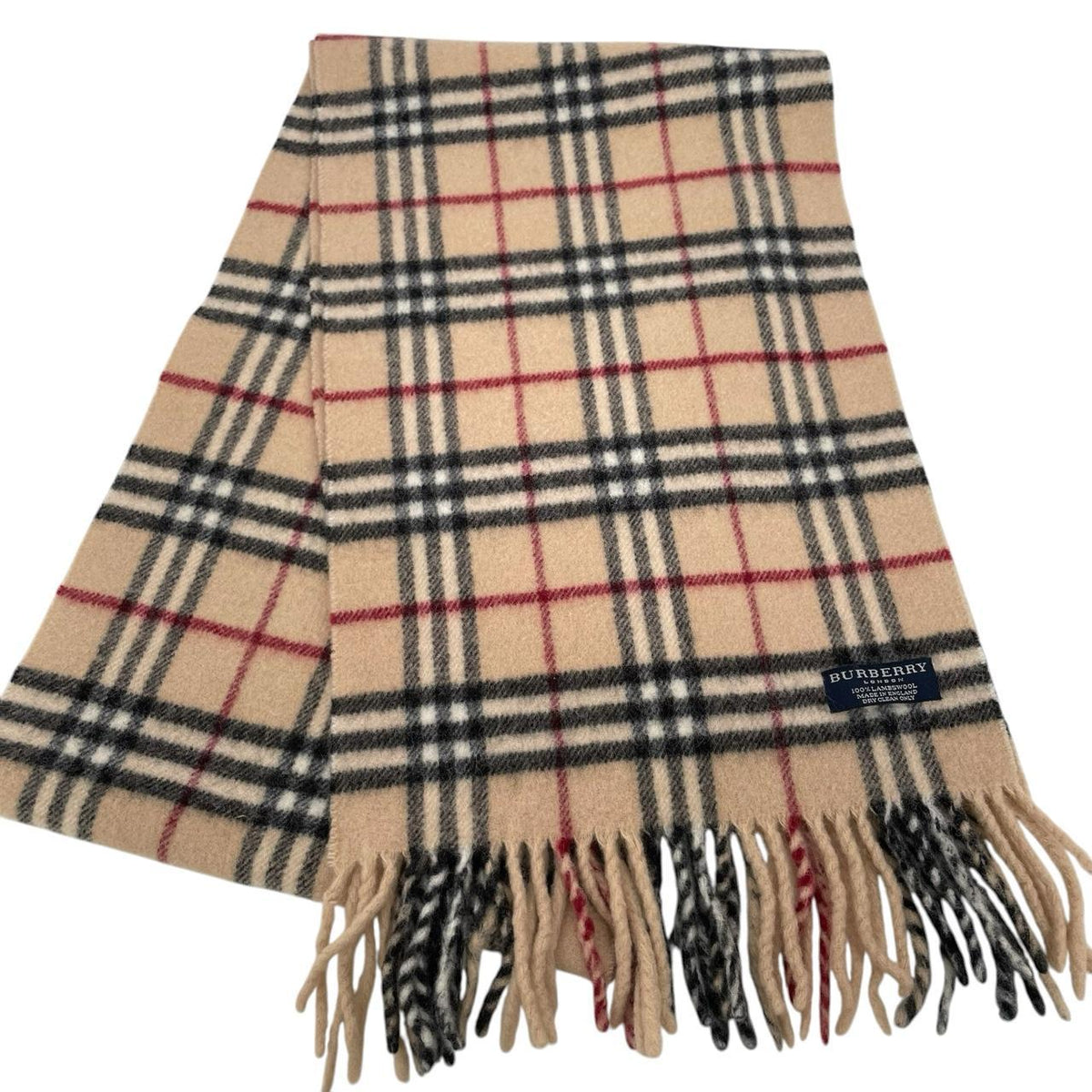 Burberry beige lambswool scarf featuring classic Nova Check pattern and soft texture.