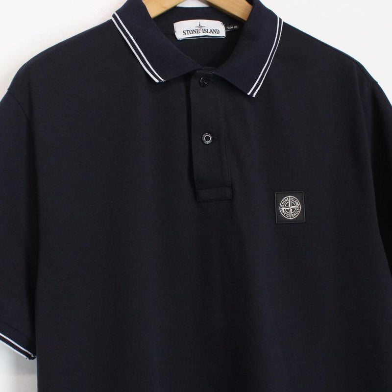 Stone Island Navy Blue and White Short Sleeve Compass Polo Shirt
