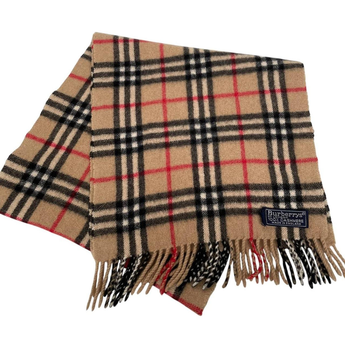 Burberry beige cashmere scarf featuring classic Nova Check pattern and logo detail.