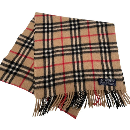 Burberry beige cashmere scarf featuring classic Nova Check pattern and logo detail.