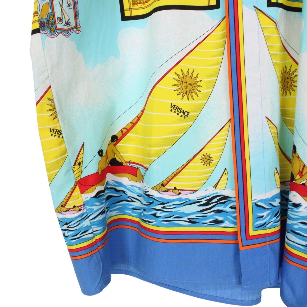 Vintage 90s Versace Sport Multicoloured Ships Print Short Sleeve Cotton Shirt