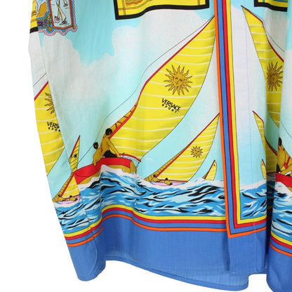 Vintage 90s Versace Sport Multicoloured Ships Print Short Sleeve Cotton Shirt