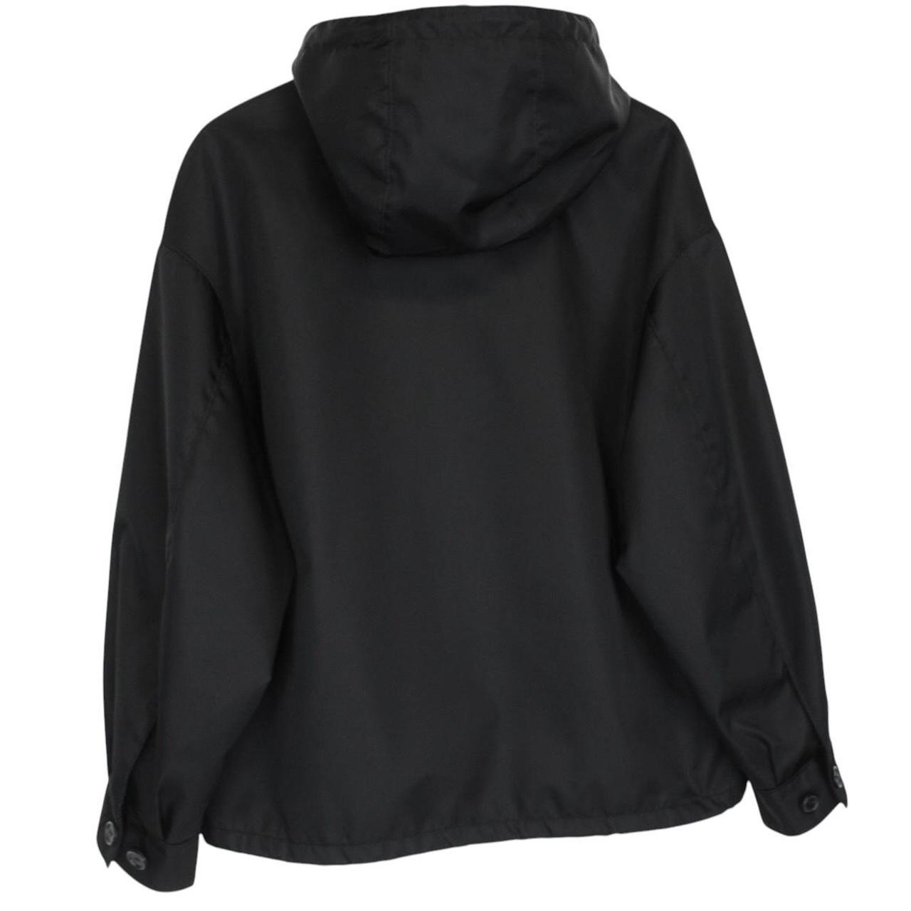 Prada black hooded jacket with full zip, Re-Nylon material, logo detail on sleeve.