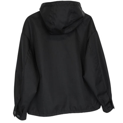 Prada black hooded jacket with full zip, Re-Nylon material, logo detail on sleeve.