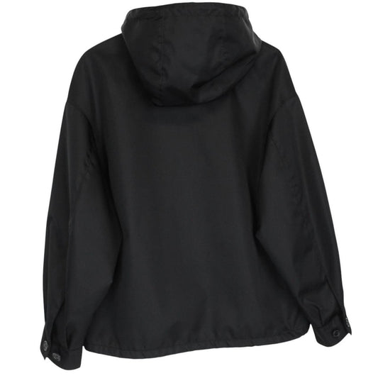 Prada black hooded jacket with full zip, Re-Nylon material, logo detail on sleeve.