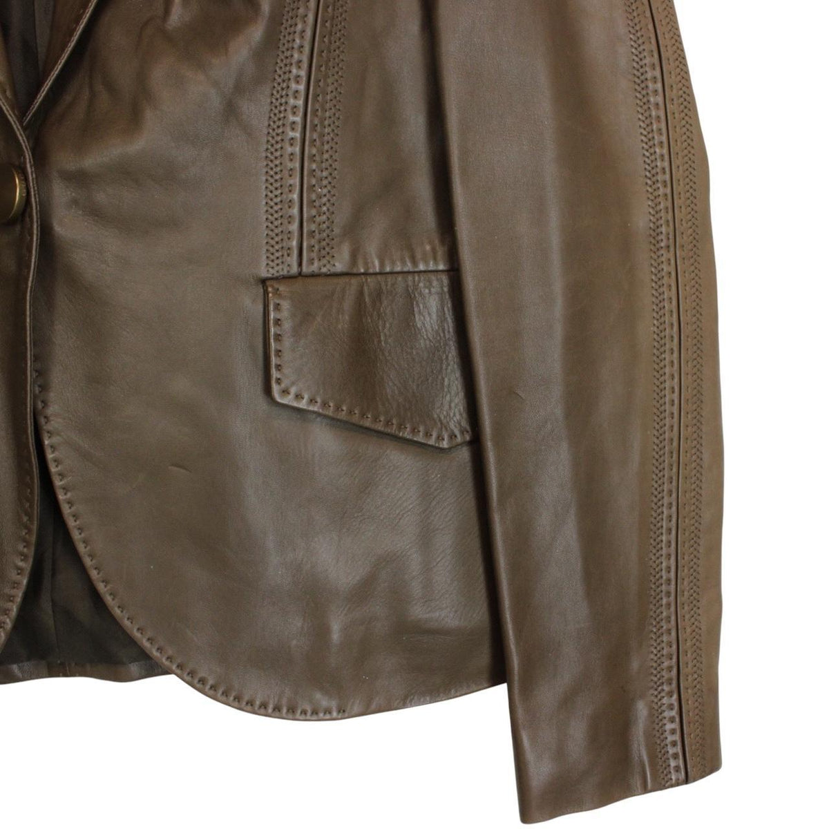 Gucci brown leather blazer jacket with logo detailing and classic tailored fit.