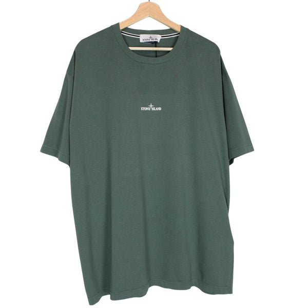 Stone Island SS 2024 Green and White Scratched Paint Logo Short Sleeve Cotton T-Shirt