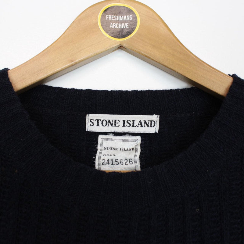 Vintage 1992 Stone Island Navy Blue Ribbed Green Edge Badge Wool Knit Jumper